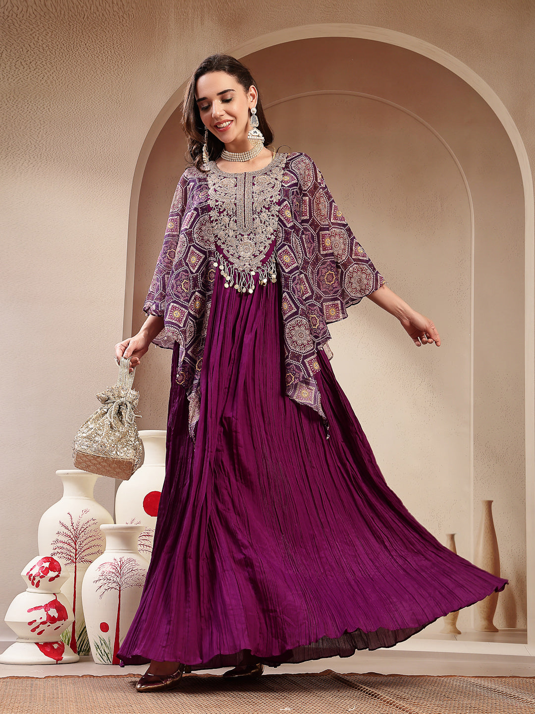 Women's Violet Solid & Embroidered Party Wear Chinon Gown