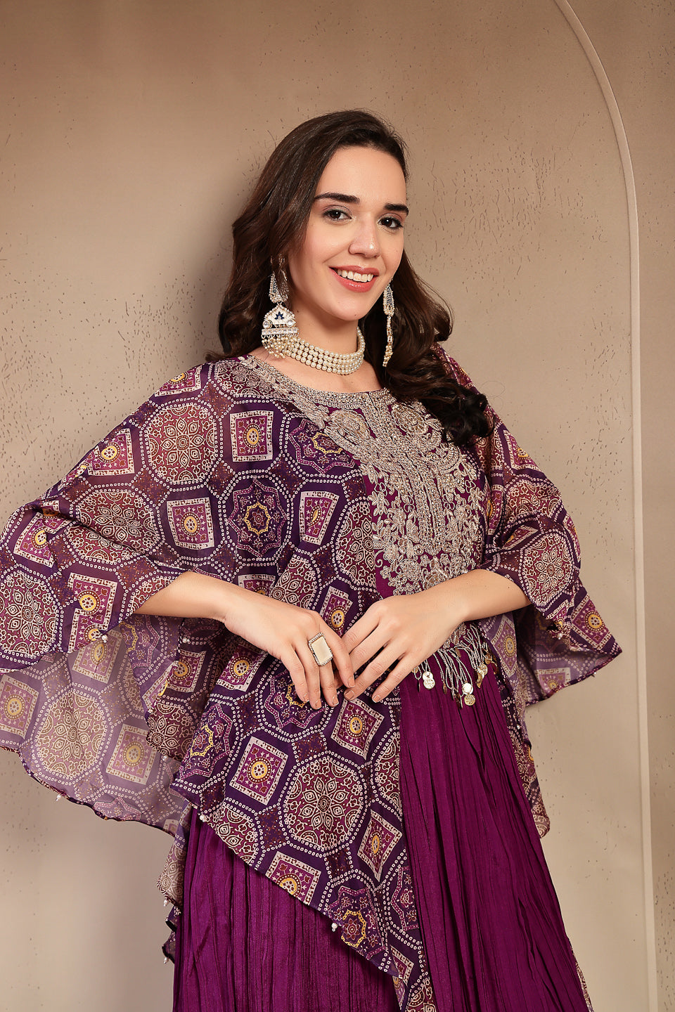 Women's Violet Solid & Embroidered Party Wear Chinon Gown