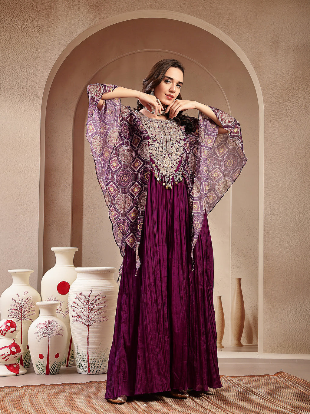 Women's Violet Solid & Embroidered Party Wear Chinon Gown