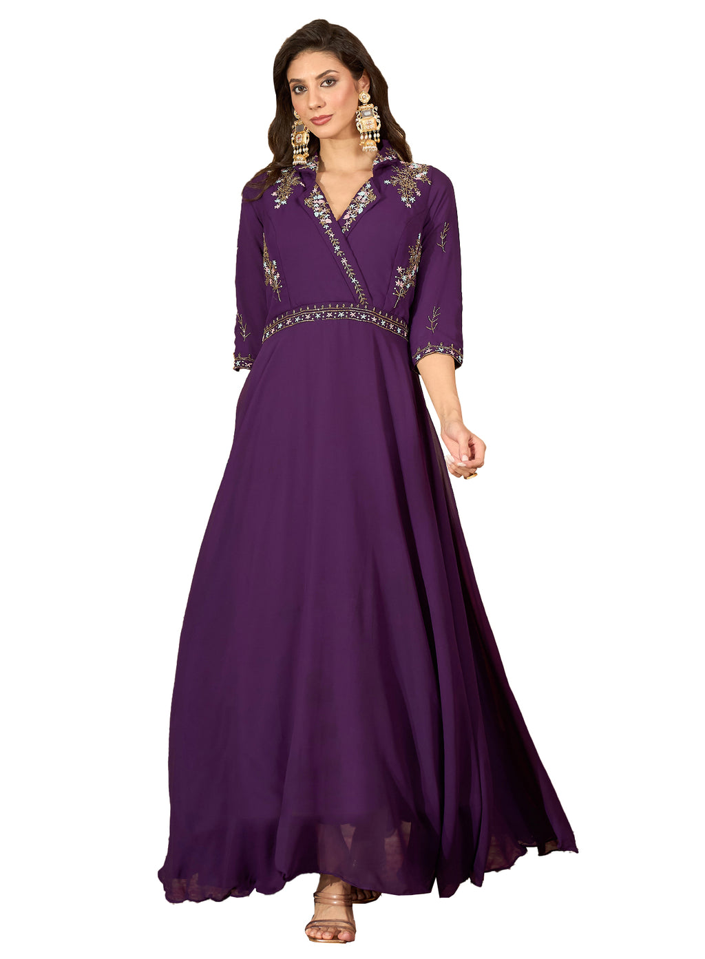 Women's Violet Solid & Embroidered Party Wear Georgette Gown