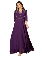 Women's Violet Solid & Embroidered Party Wear Georgette Gown