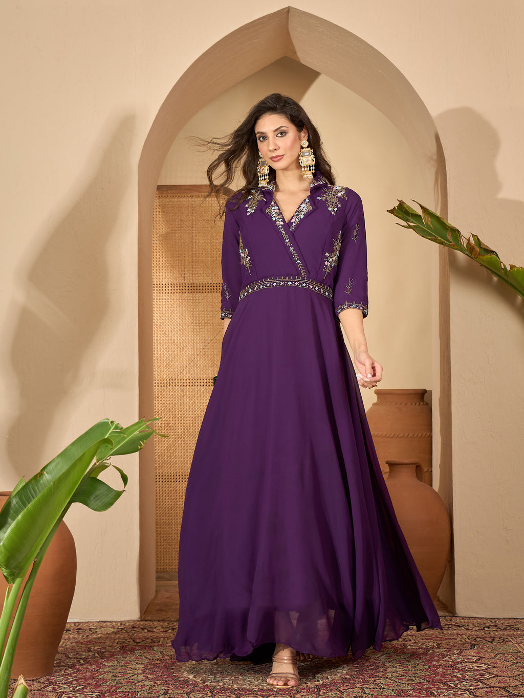 Women's Violet Solid & Embroidered Party Wear Georgette Gown