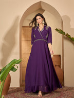 Women's Violet Solid & Embroidered Party Wear Georgette Gown