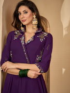 Women's Violet Solid & Embroidered Party Wear Georgette Gown