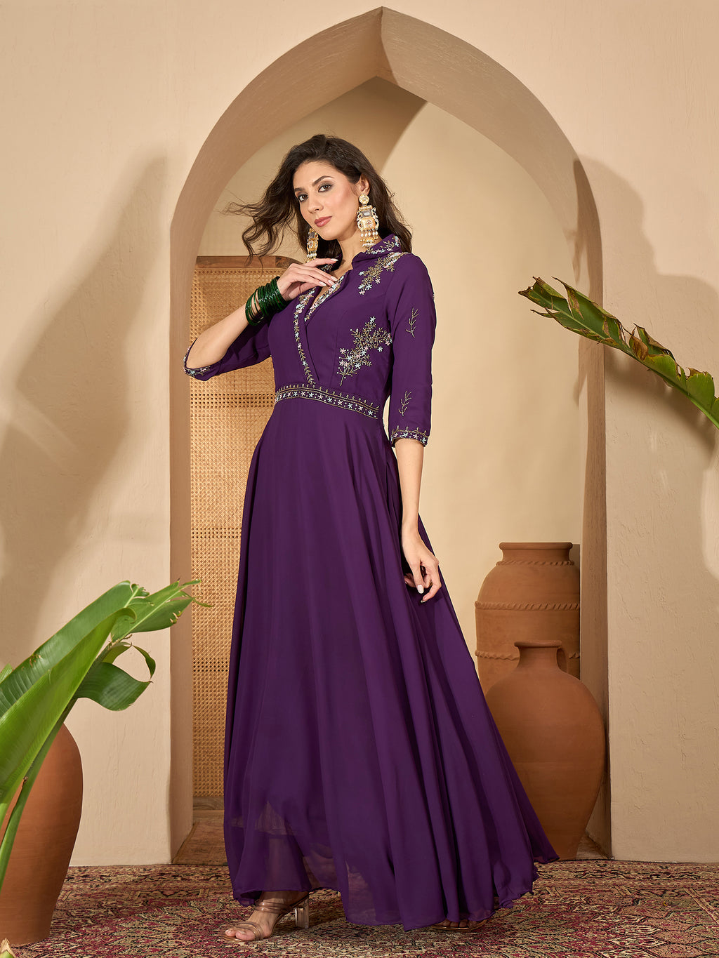 Women's Violet Solid & Embroidered Party Wear Georgette Gown