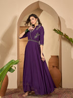 Women's Violet Solid & Embroidered Party Wear Georgette Gown