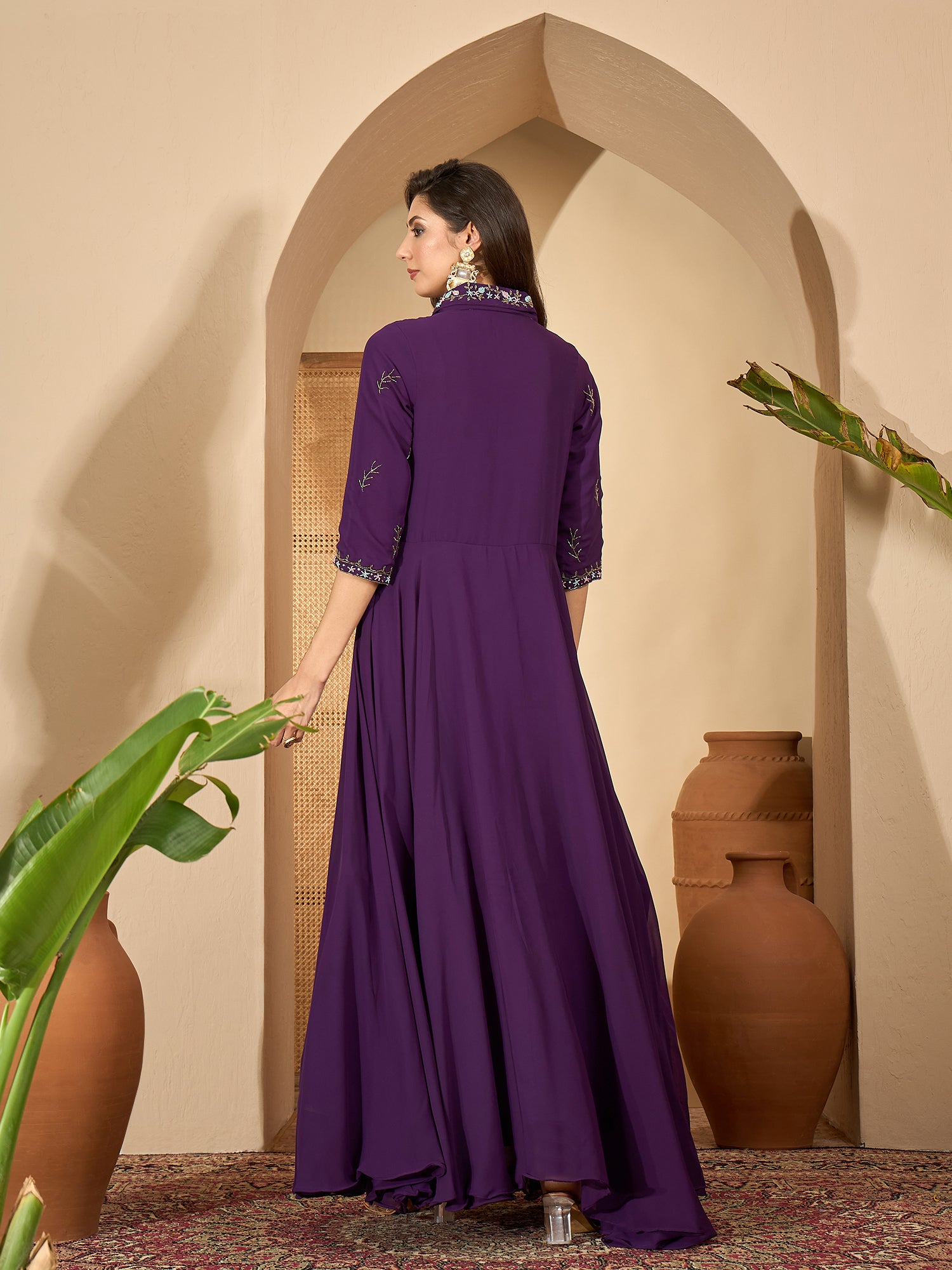 Women's Violet Solid & Embroidered Party Wear Georgette Gown