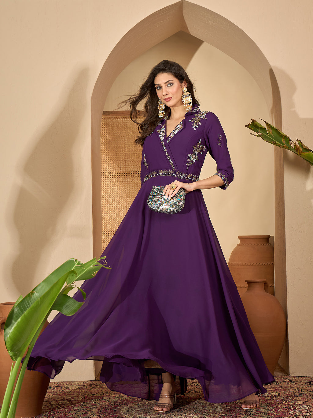 Women's Violet Solid & Embroidered Party Wear Georgette Gown