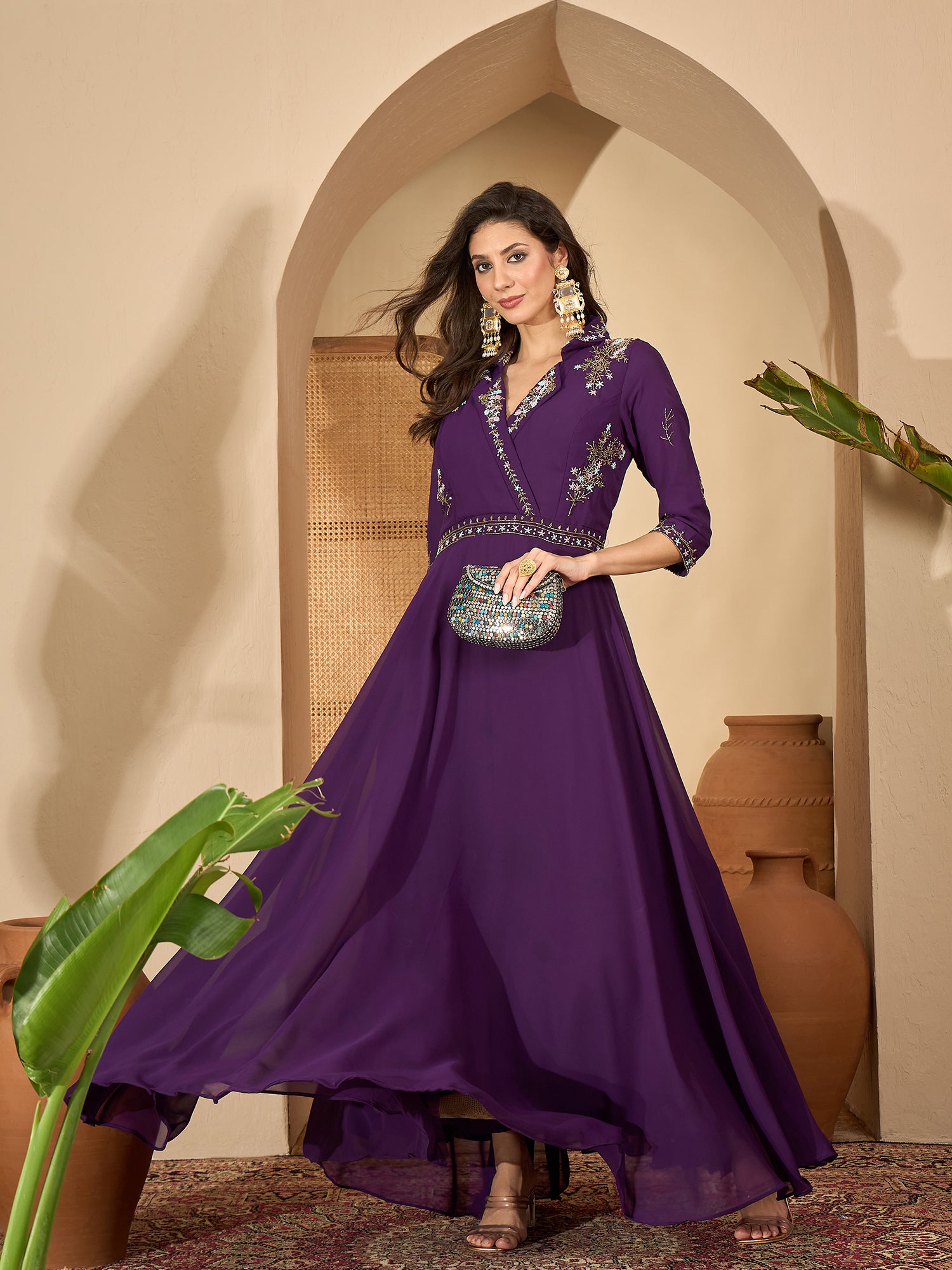 Women's Violet Solid & Embroidered Party Wear Georgette Gown