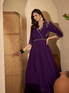 Women's Violet Solid & Embroidered Party Wear Georgette Gown