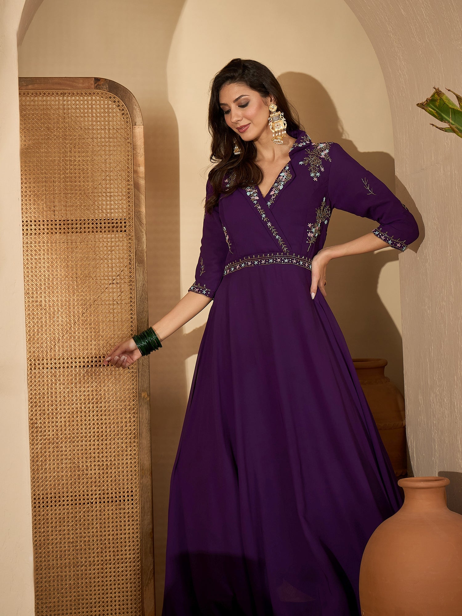 Women's Violet Solid & Embroidered Party Wear Georgette Gown