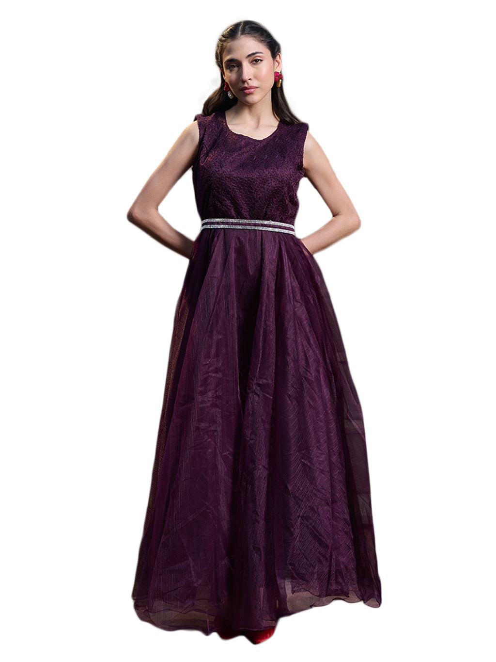 Women's Wine Solid & Embroidered Party Wear Satin Gown