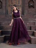 Women's Wine Solid & Embroidered Party Wear Satin Gown