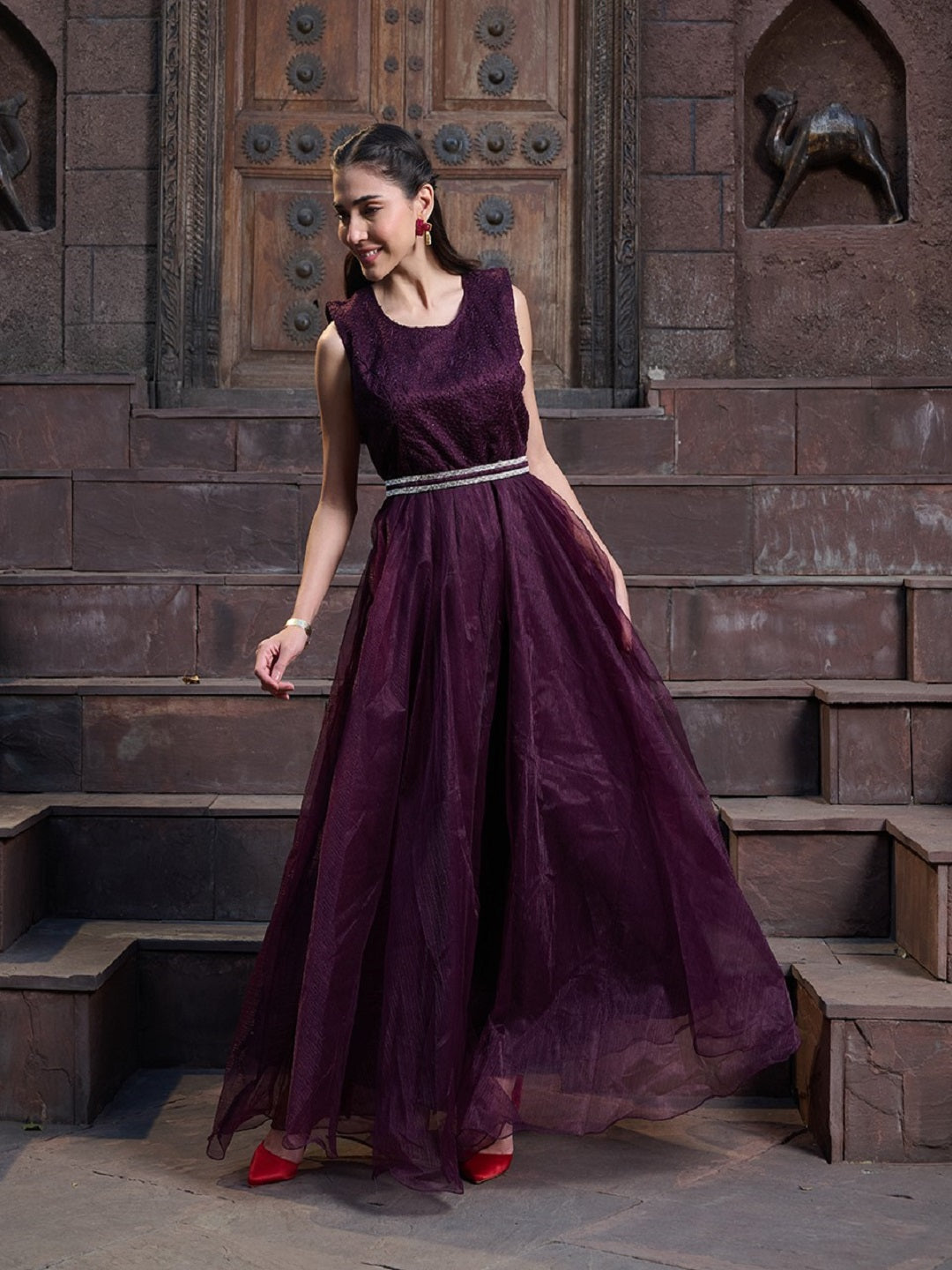 Women's Wine Solid & Embroidered Party Wear Satin Gown