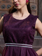 Women's Wine Solid & Embroidered Party Wear Satin Gown