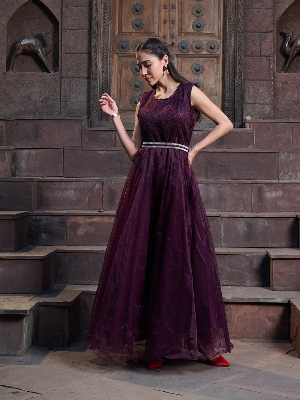 Women's Wine Solid & Embroidered Party Wear Satin Gown