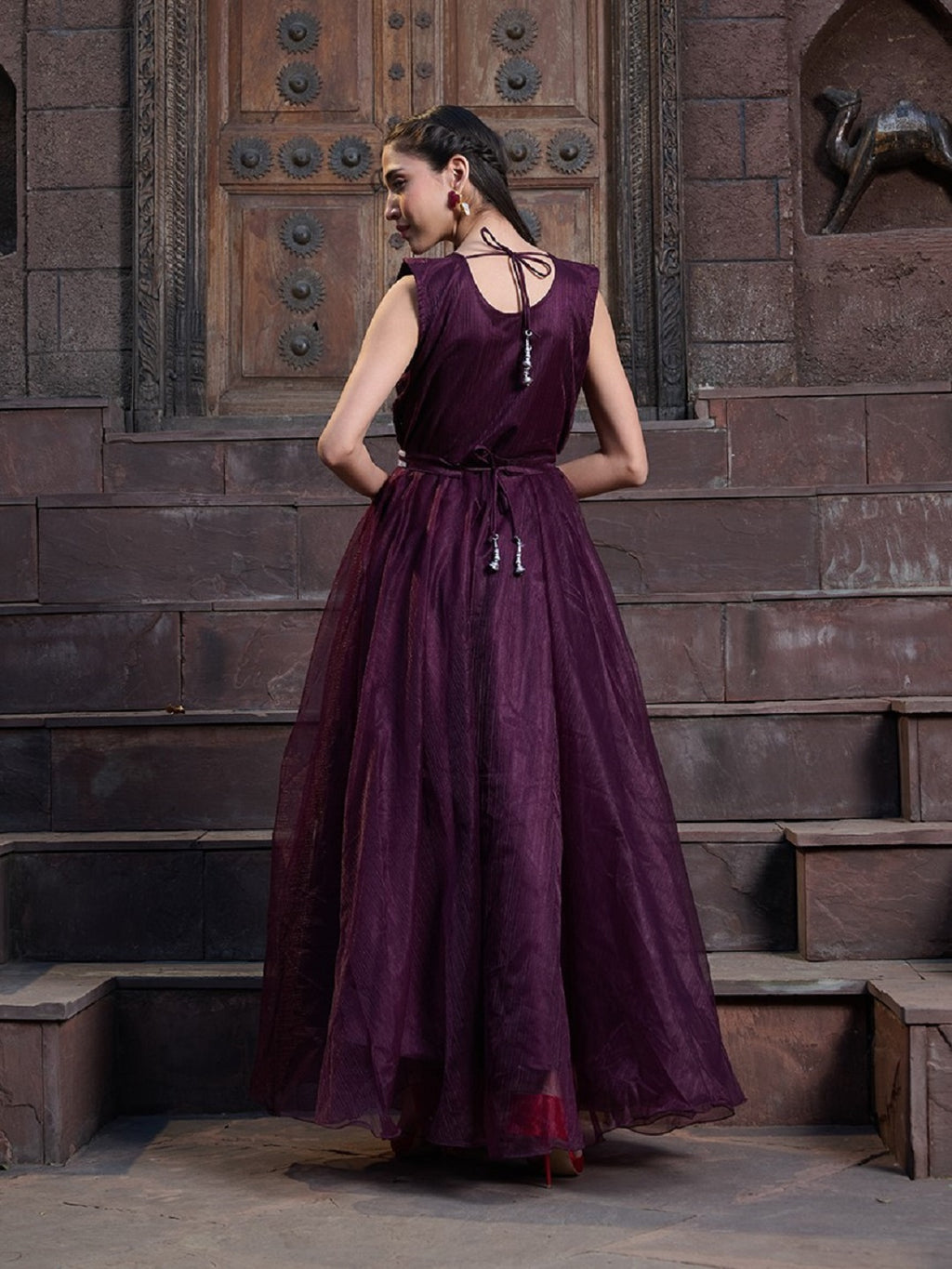 Women's Wine Solid & Embroidered Party Wear Satin Gown