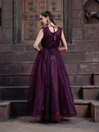 Women's Wine Solid & Embroidered Party Wear Satin Gown
