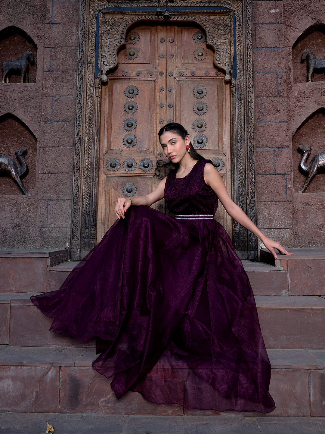 Women's Wine Solid & Embroidered Party Wear Satin Gown