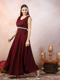 Women's Wine Solid Party Wear Satin Gown