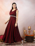 Women's Wine Solid Party Wear Satin Gown