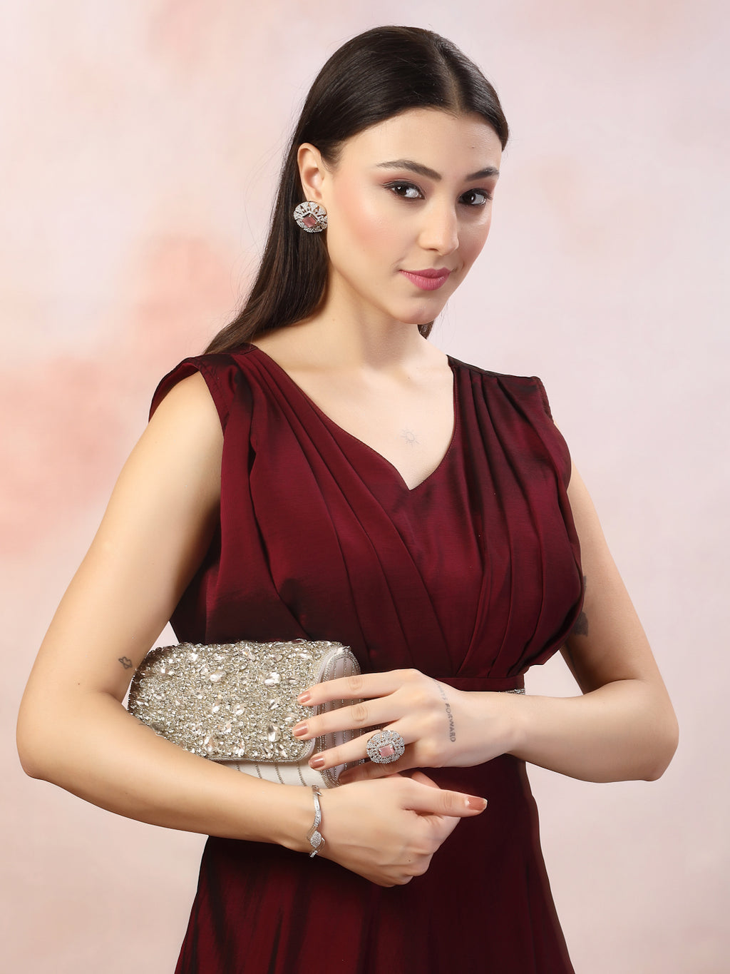 Women's Wine Solid Party Wear Satin Gown