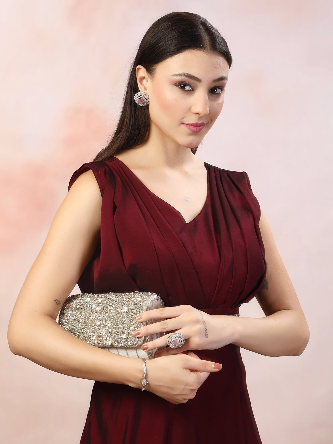 Women's Wine Solid Party Wear Satin Gown