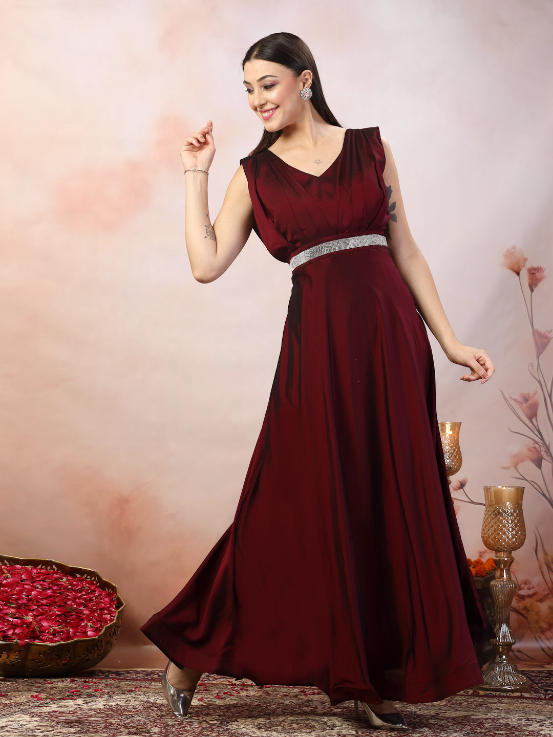 Women's Wine Solid Party Wear Satin Gown