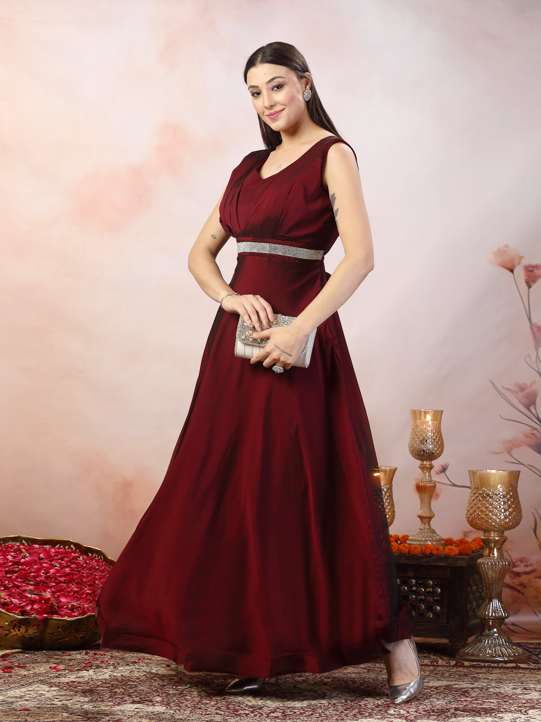 Women's Wine Solid Party Wear Satin Gown
