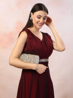 Women's Wine Solid Party Wear Satin Gown