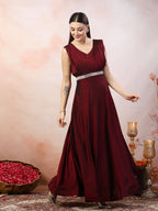 Women's Wine Solid Party Wear Satin Gown