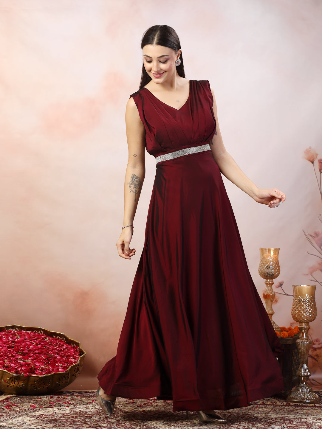 Women's Wine Solid Party Wear Satin Gown