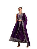 Women's Violet Embroidered Party Wear Georgette Gown With Dupatta