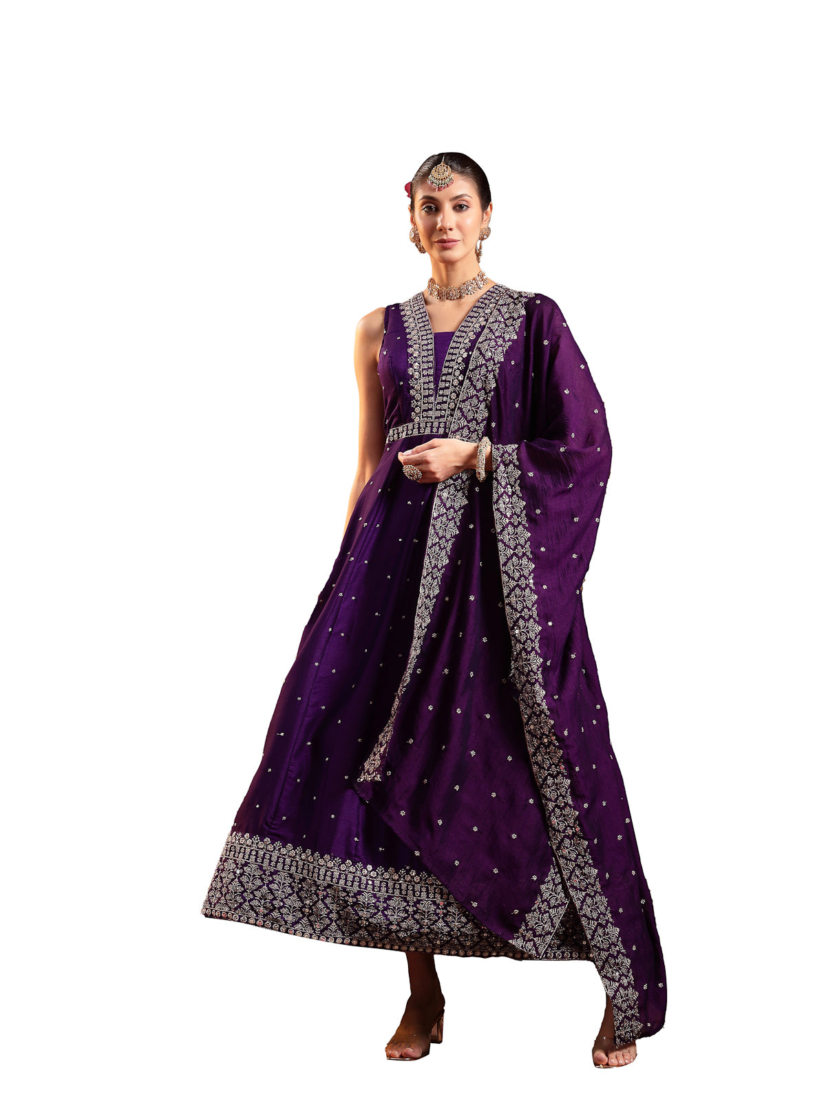 Women's Violet Embroidered Party Wear Georgette Gown With Dupatta