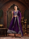 Women's Violet Embroidered Party Wear Georgette Gown With Dupatta