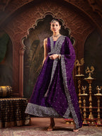 Women's Violet Embroidered Party Wear Georgette Gown With Dupatta
