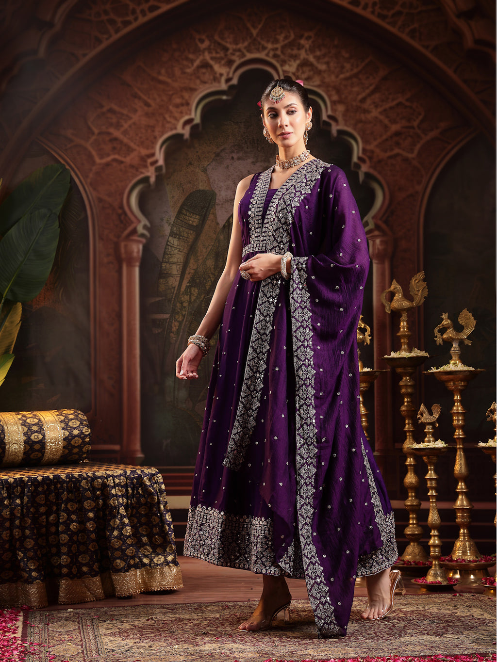 Women's Violet Embroidered Party Wear Georgette Gown With Dupatta