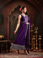 Women's Violet Embroidered Party Wear Georgette Gown With Dupatta