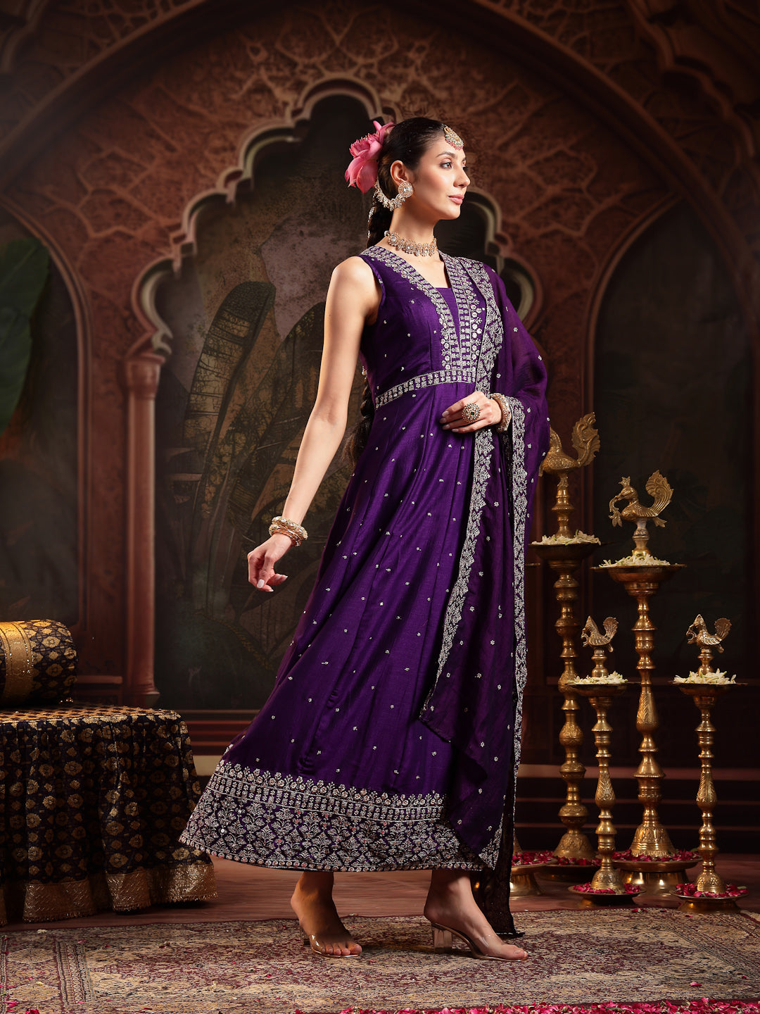 Women's Violet Embroidered Party Wear Georgette Gown With Dupatta