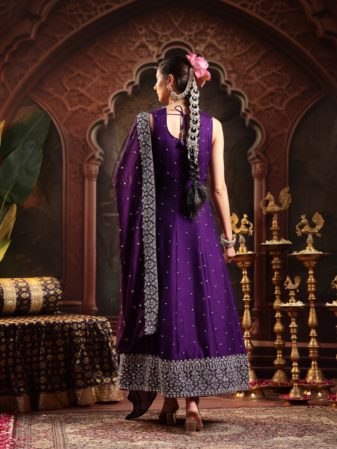Women's Violet Embroidered Party Wear Georgette Gown With Dupatta