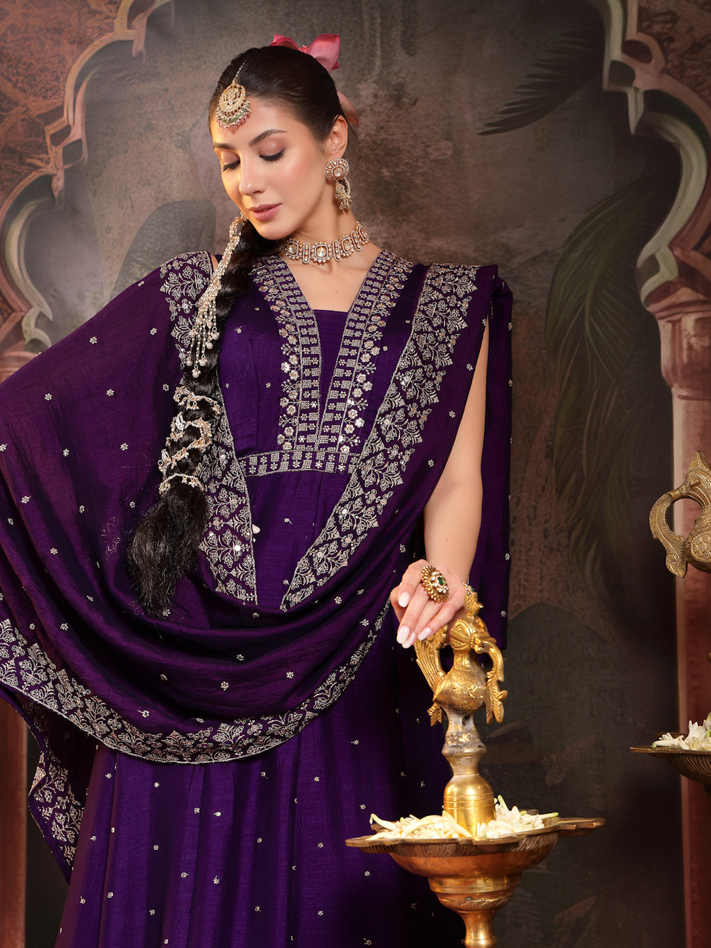 Women's Violet Embroidered Party Wear Georgette Gown With Dupatta