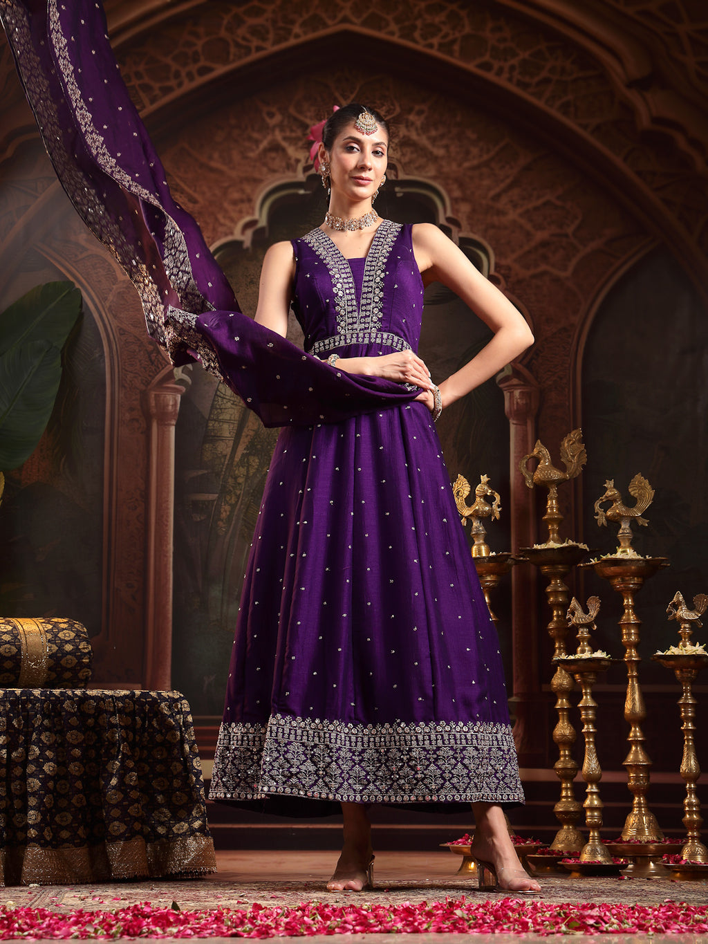Women's Violet Embroidered Party Wear Georgette Gown With Dupatta