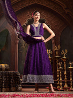 Women's Violet Embroidered Party Wear Georgette Gown With Dupatta