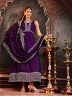 Women's Violet Embroidered Party Wear Georgette Gown With Dupatta