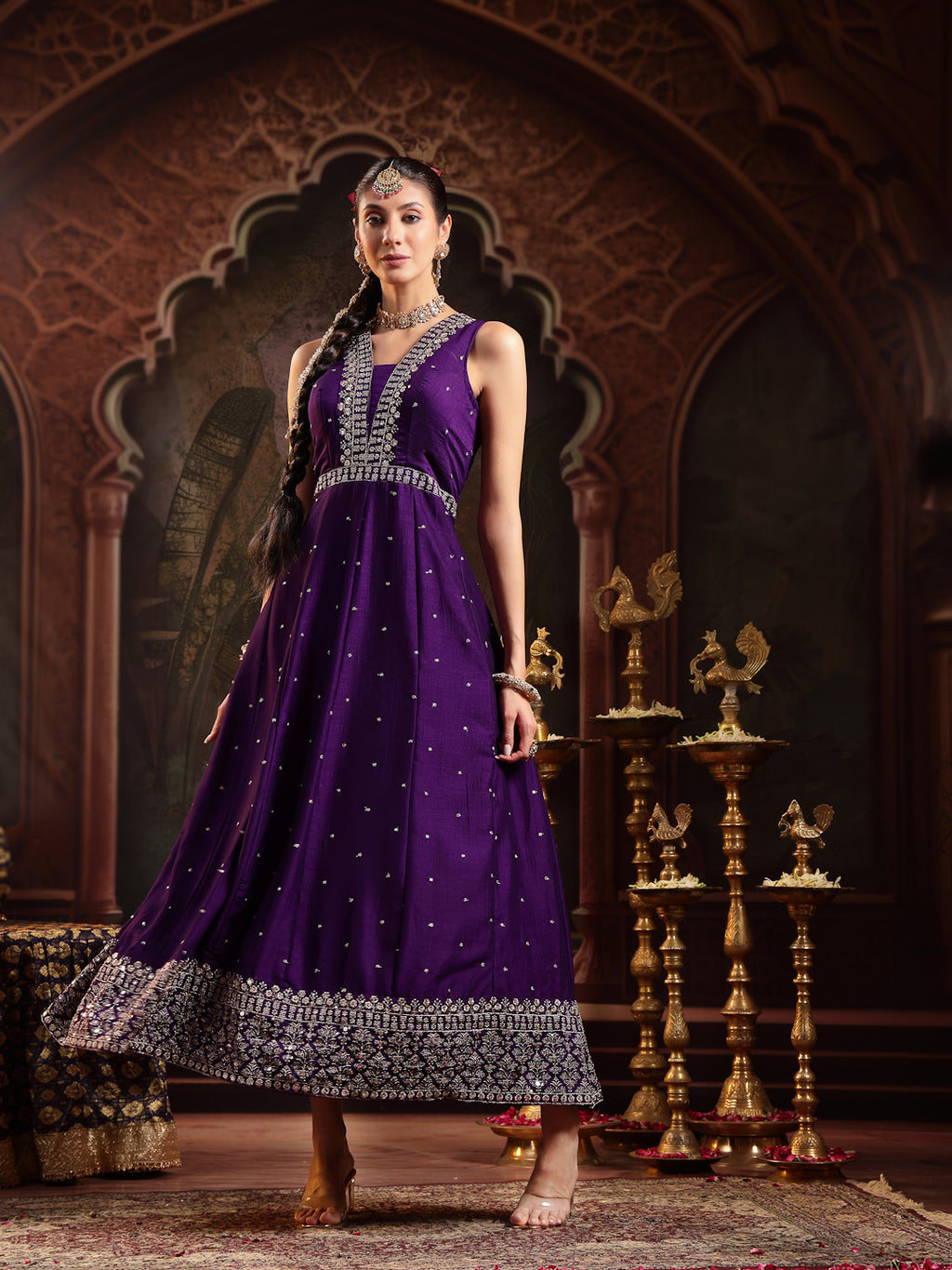 Women's Violet Embroidered Party Wear Georgette Gown With Dupatta
