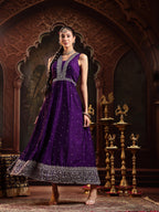 Women's Violet Embroidered Party Wear Georgette Gown With Dupatta