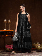 Women's Black Georgette Embroidered Teired Kurta Pant Dupatta Set