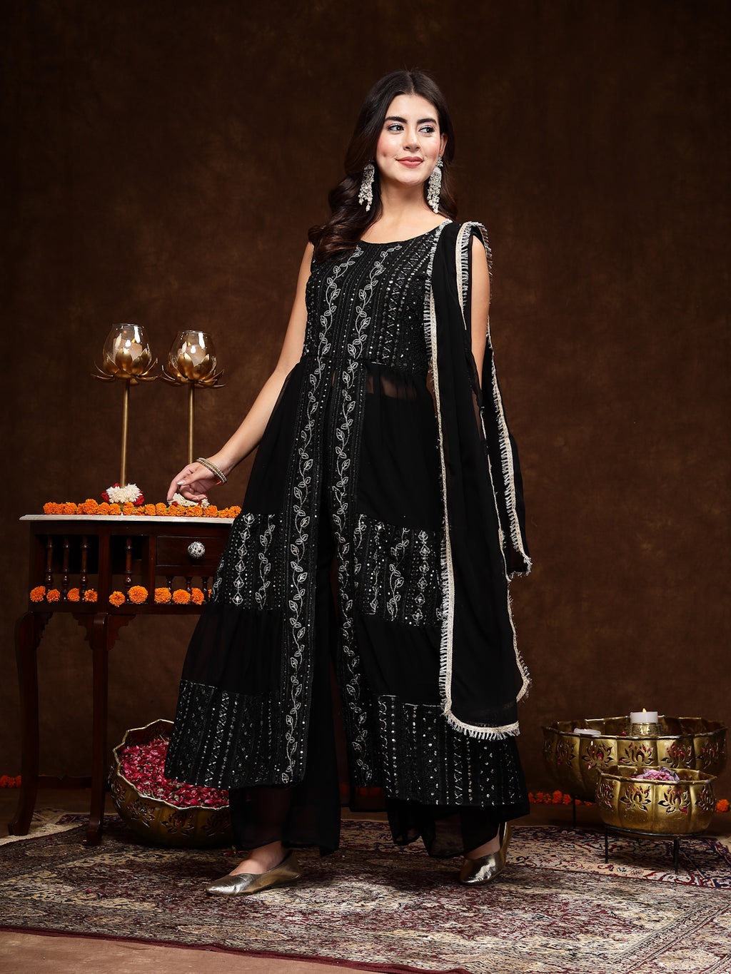 Women's Black Georgette Embroidered Teired Kurta Pant Dupatta Set