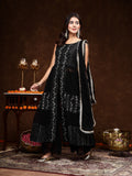 Women's Black Georgette Embroidered Teired Kurta Pant Dupatta Set