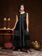 Women's Black Georgette Embroidered Teired Kurta Pant Dupatta Set